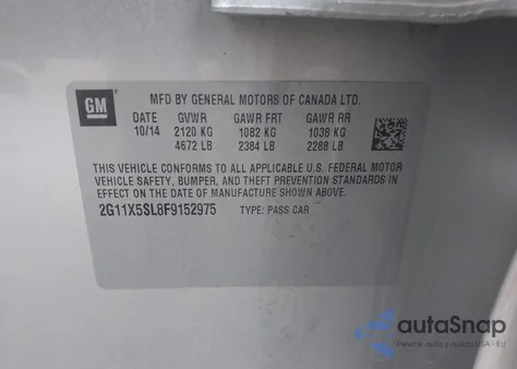 2015 Chevrolet Impala 1Fl from USA, damaged, VIN 2G11X5SL8F9152975